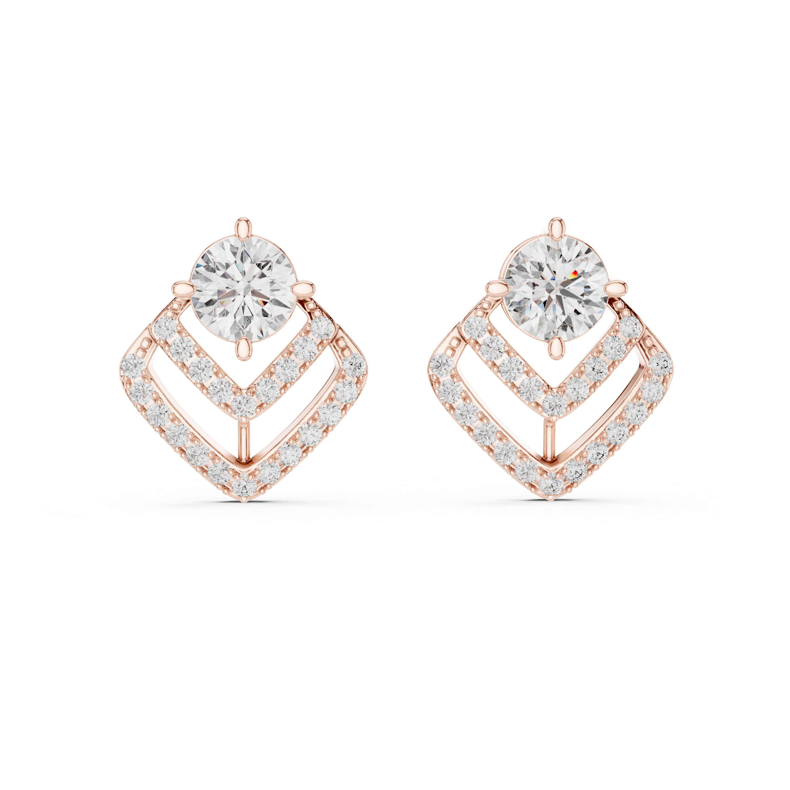 Double Chevron Round Diamond Stud Earrings