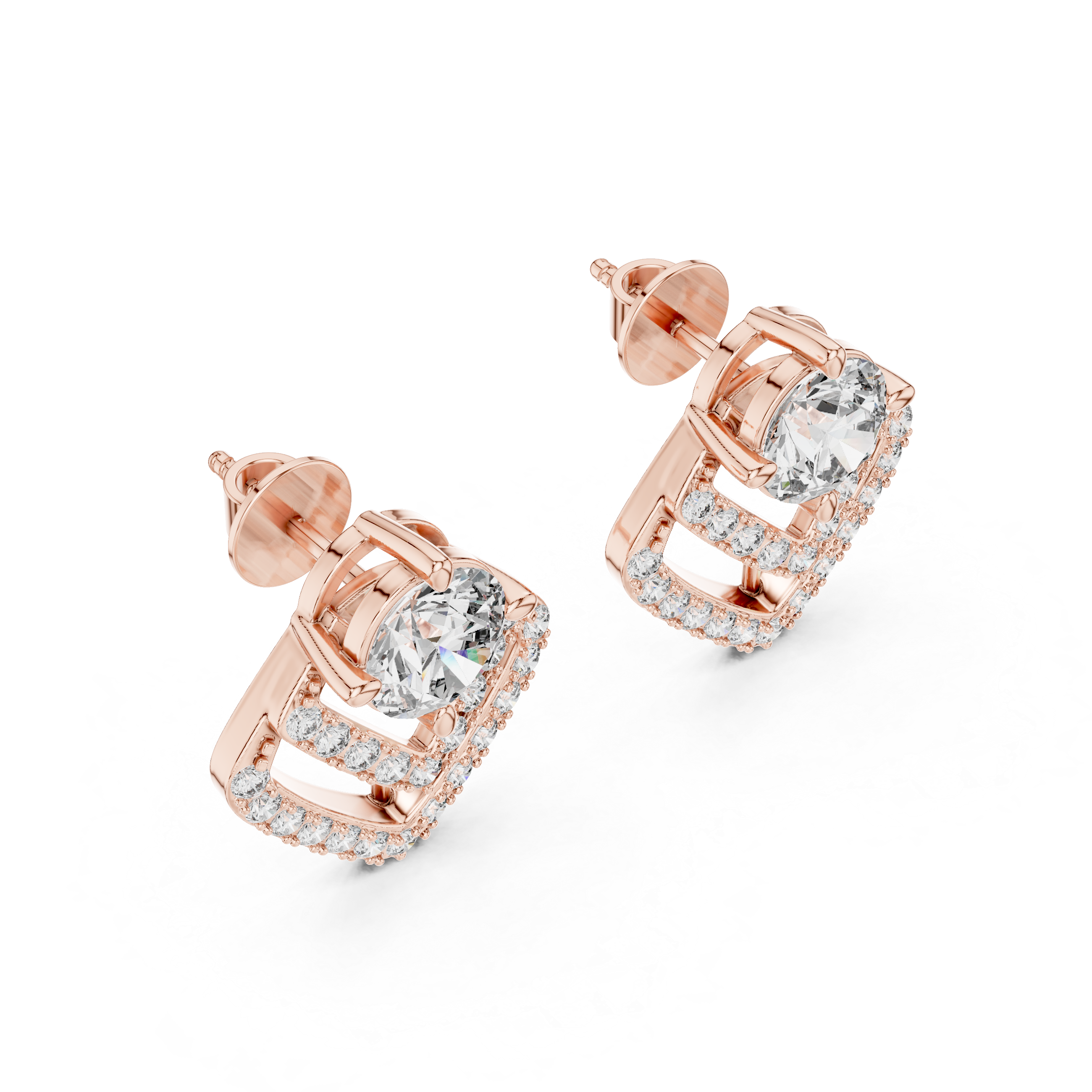 Double Chevron Round Diamond Stud Earrings