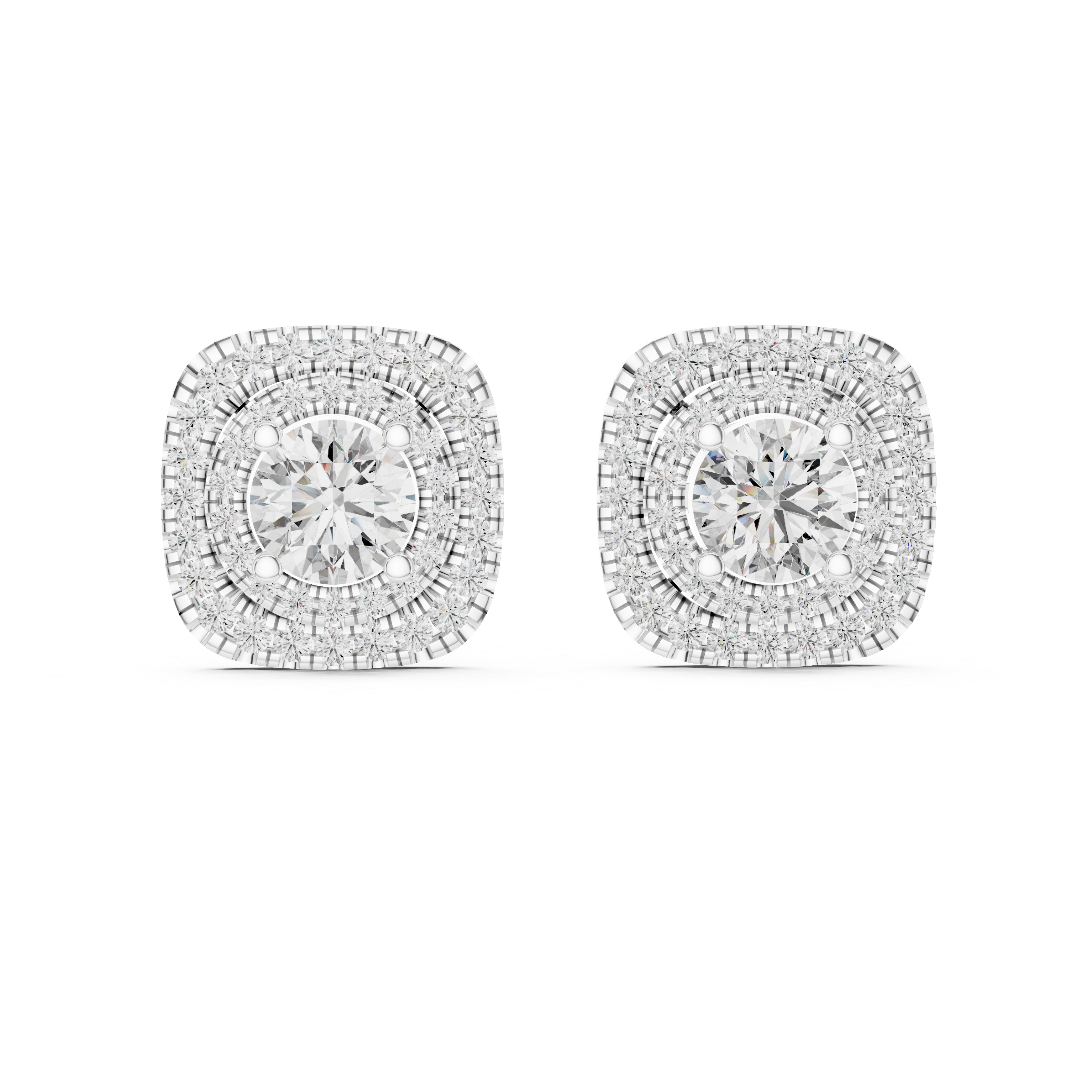 Cushion Double Halo Round Diamond Stud Earrings