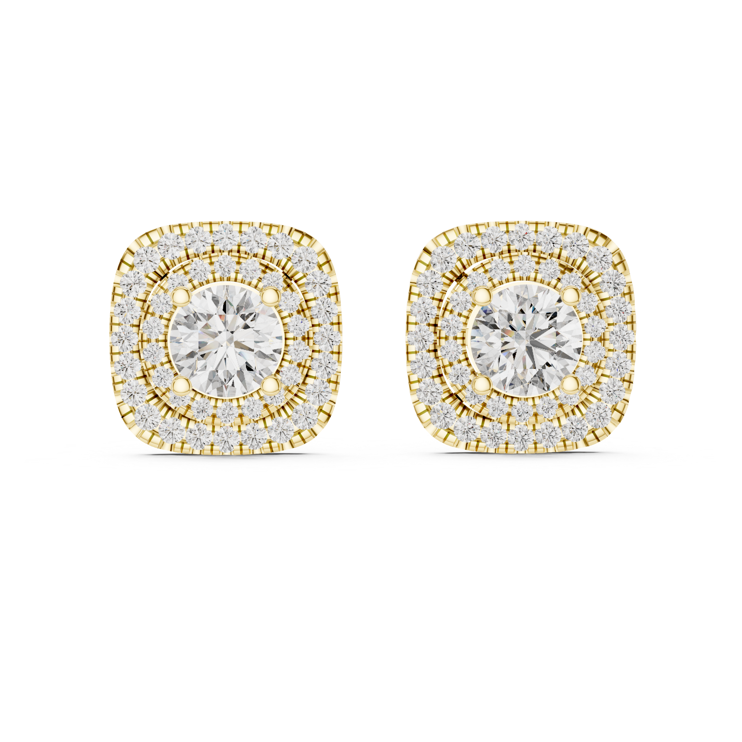 Cushion Double Halo Round Diamond Stud Earrings