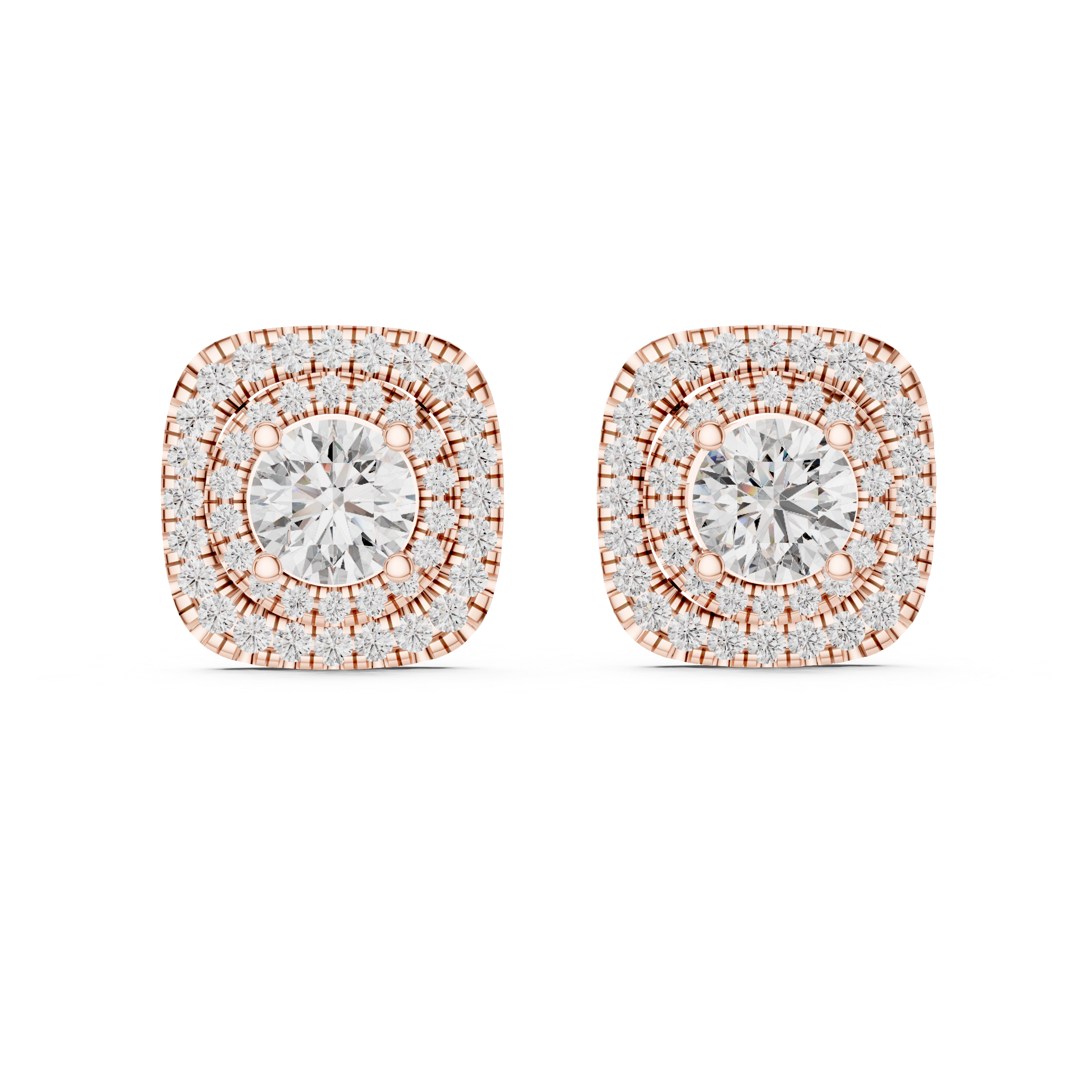 Cushion Double Halo Round Diamond Stud Earrings