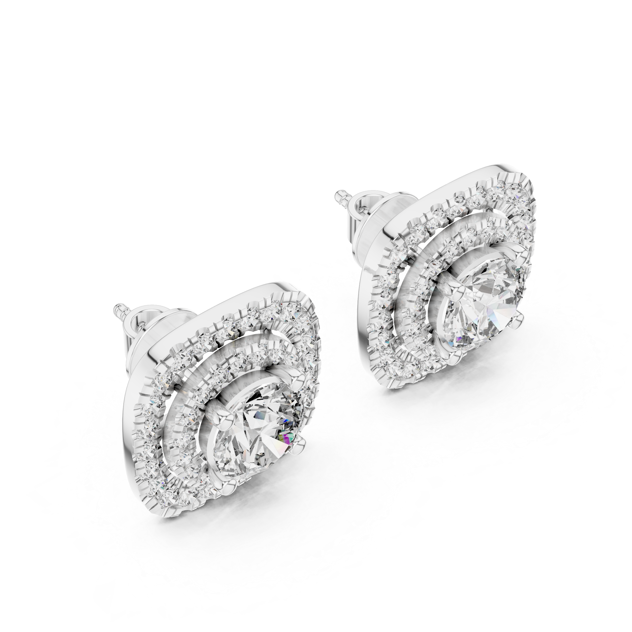 Cushion Double Halo Round Diamond Stud Earrings