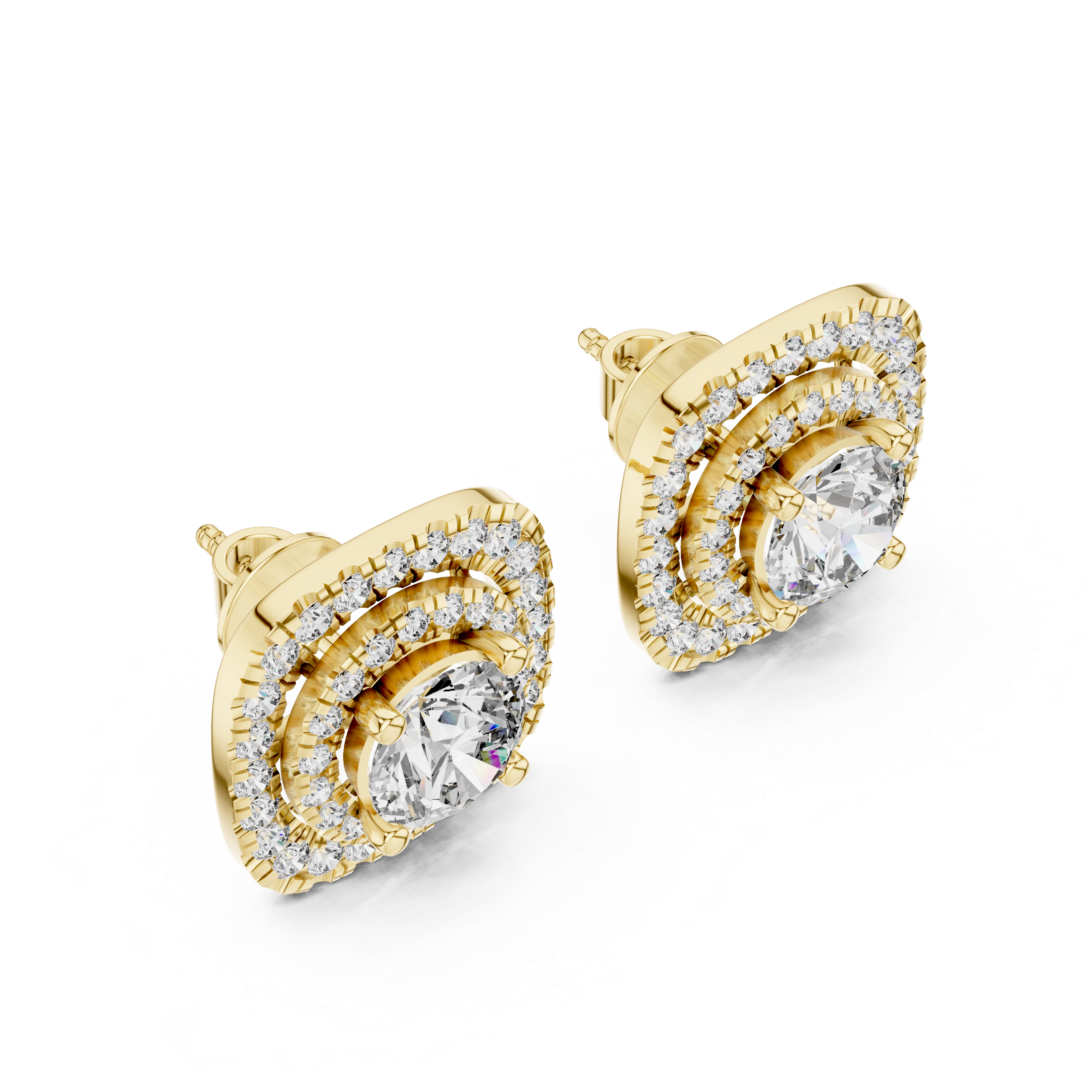 Cushion Double Halo Round Diamond Stud Earrings