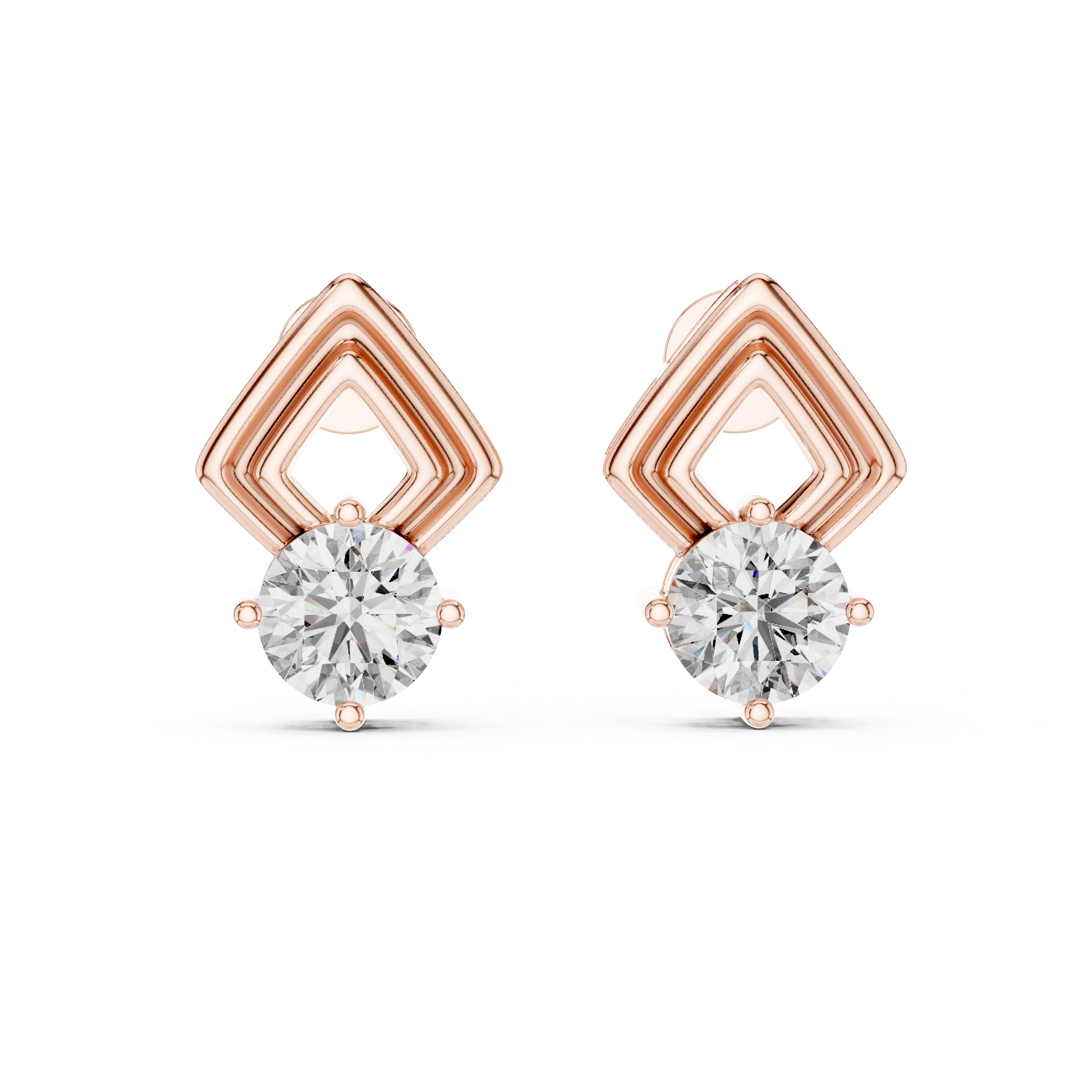 Geometric Frame Round Diamond Stud Earrings