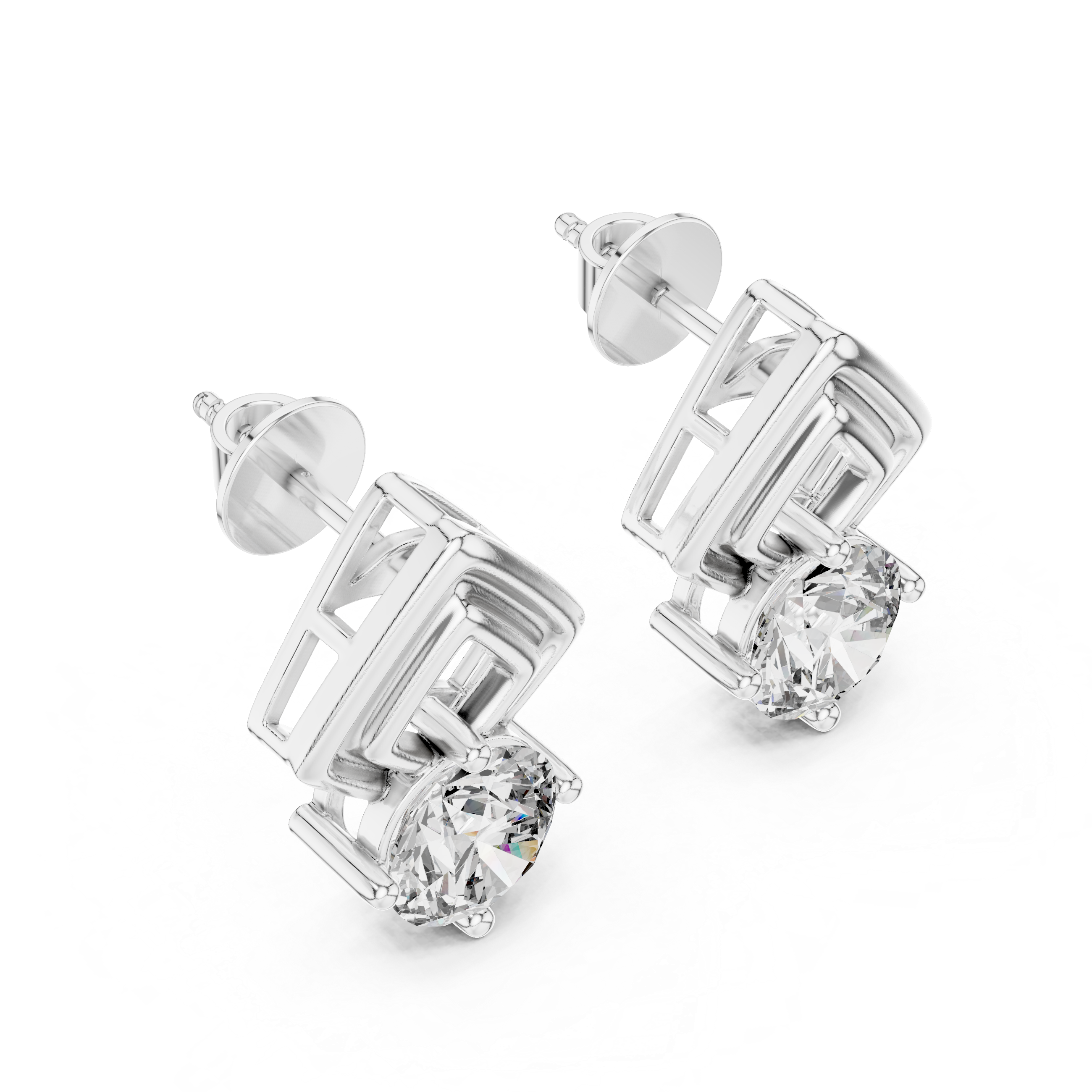 Geometric Frame Round Diamond Stud Earrings