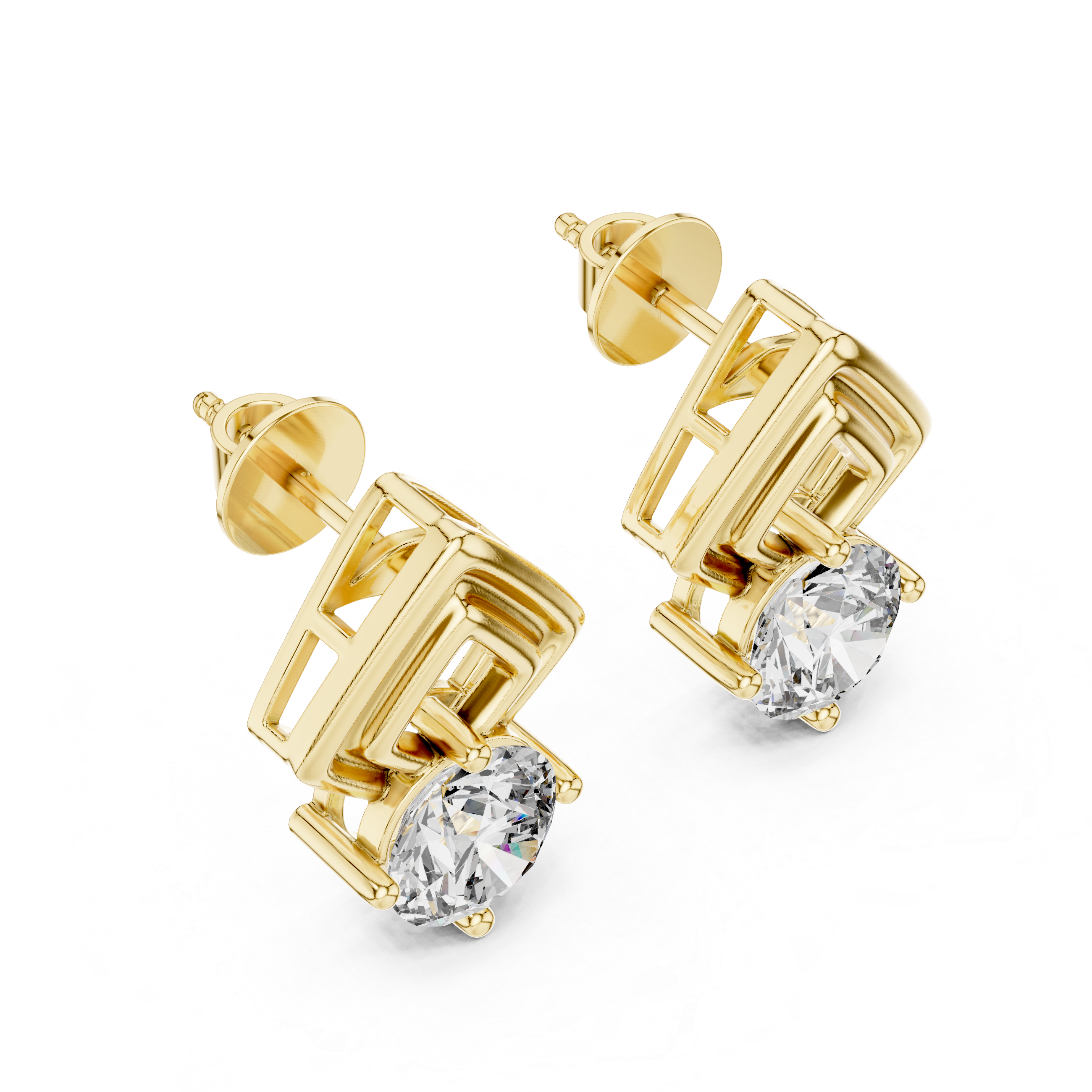 Geometric Frame Round Diamond Stud Earrings