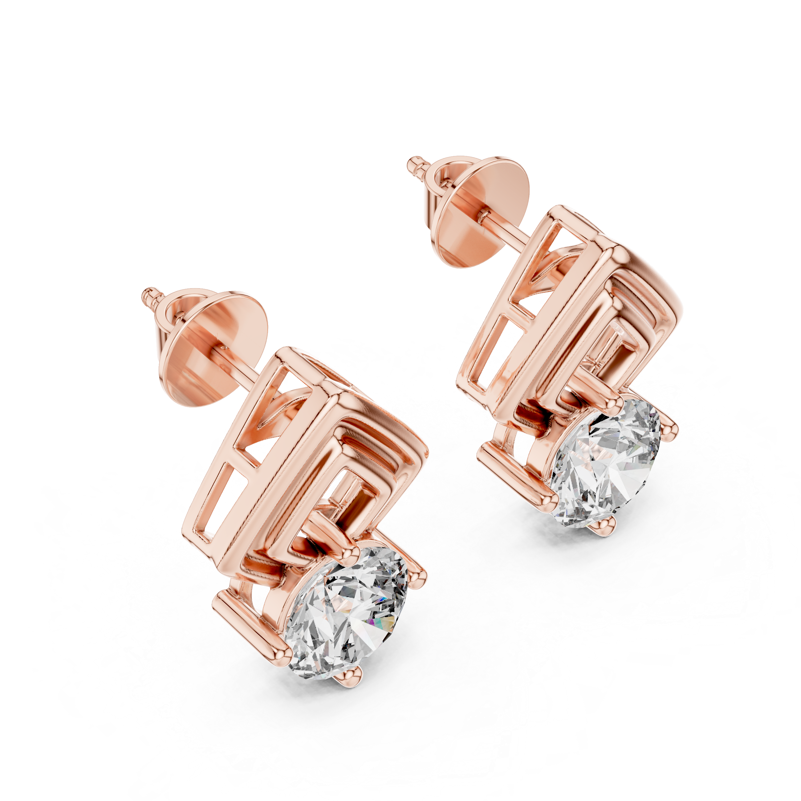 Geometric Frame Round Diamond Stud Earrings