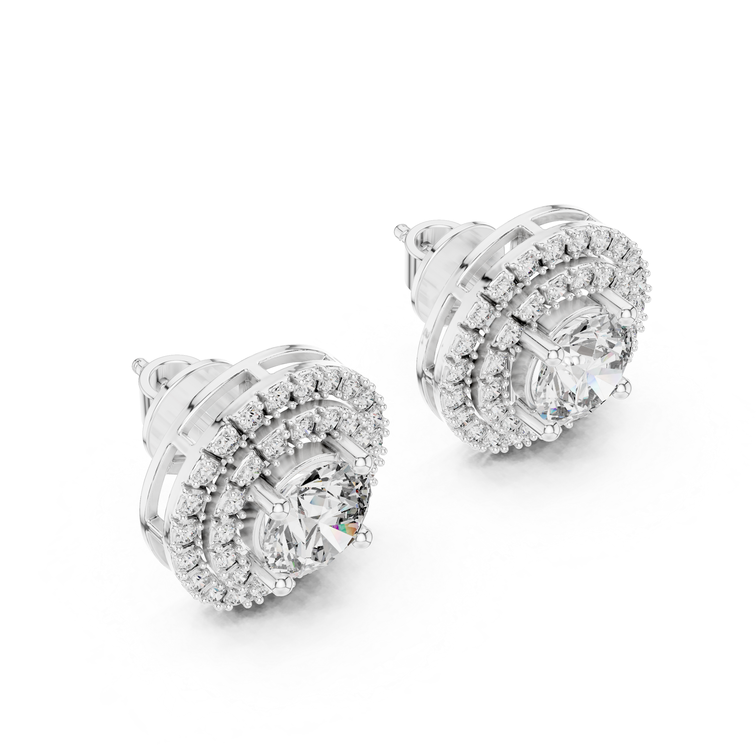 Round Double Halo Diamond Stud Earrings