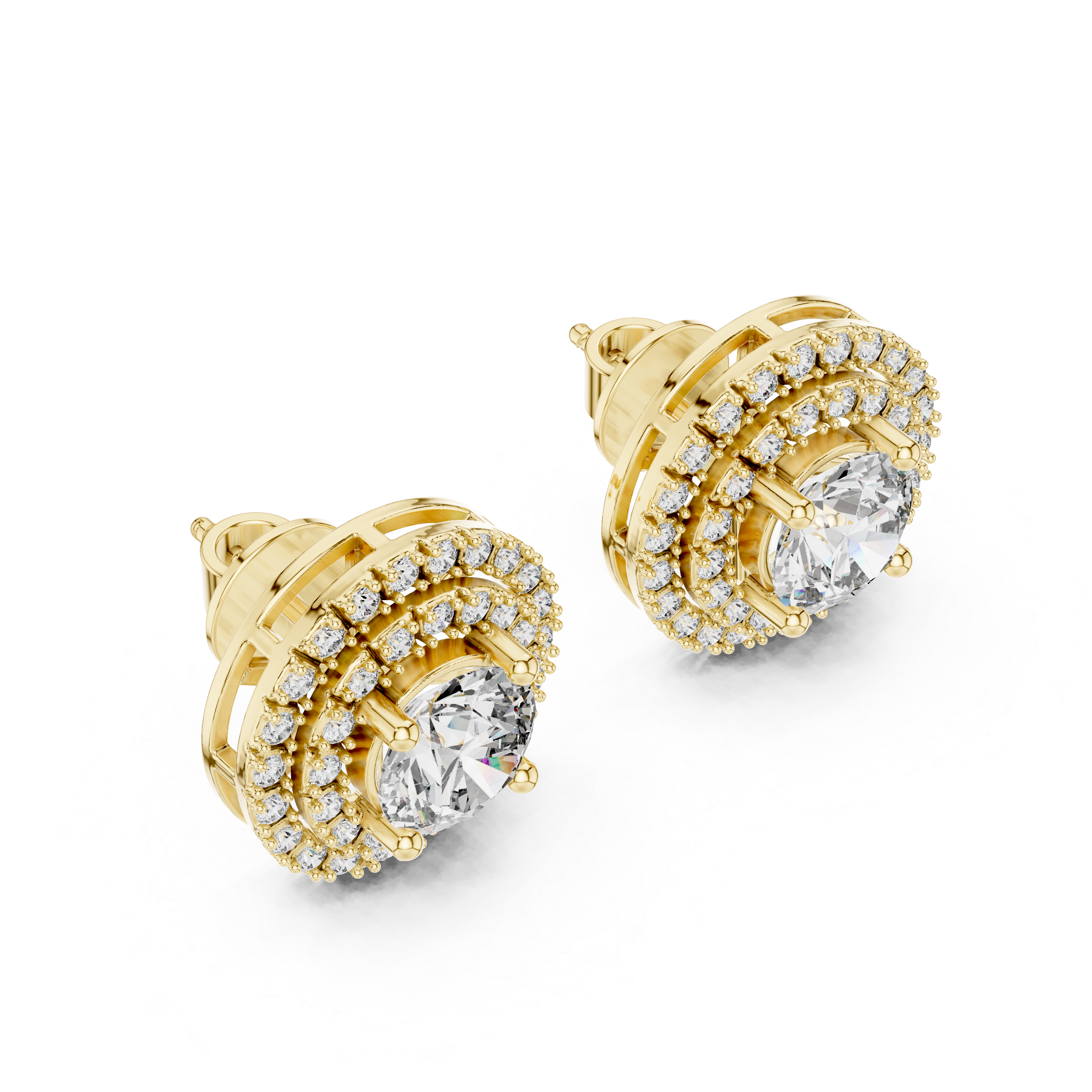 Round Double Halo Diamond Stud Earrings