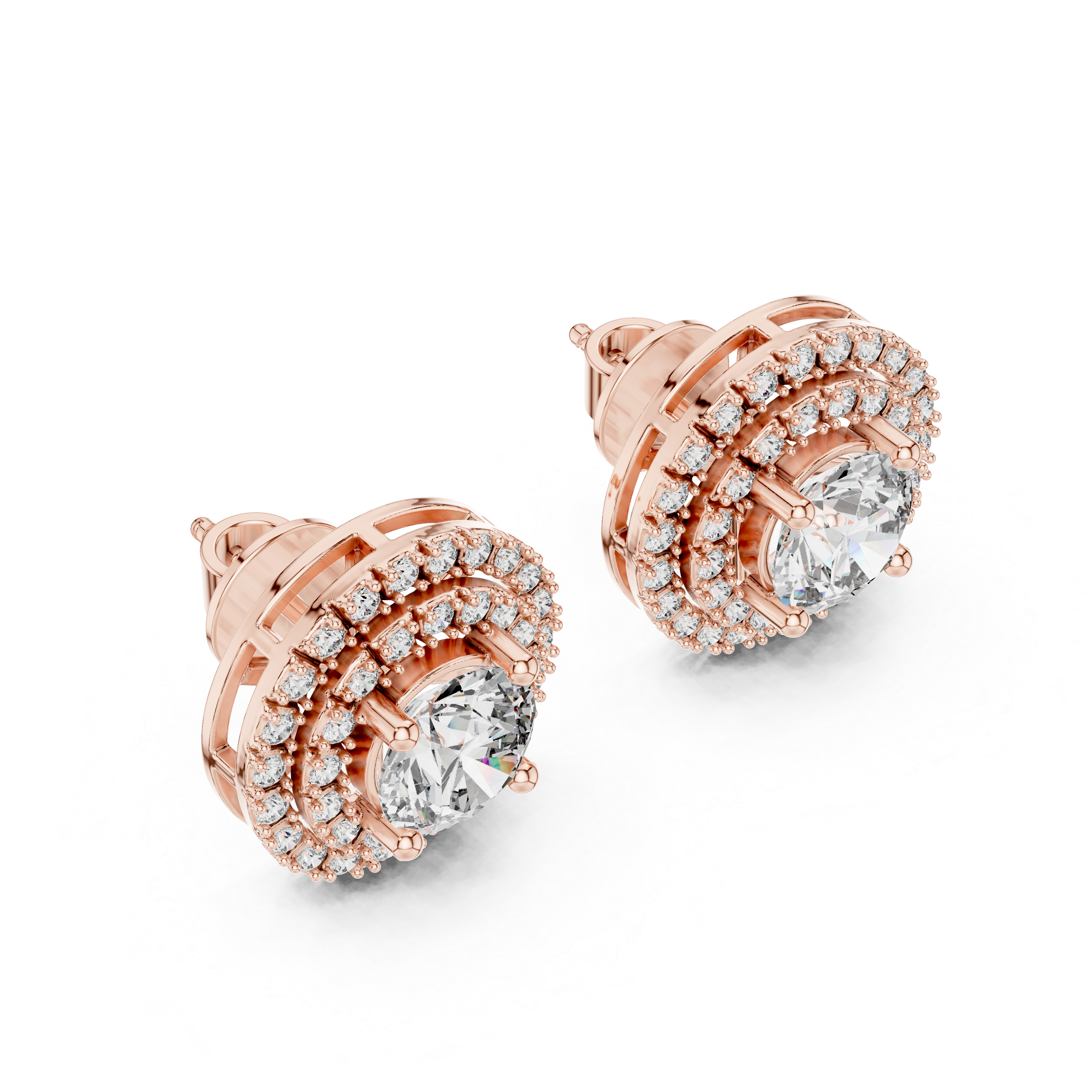 Round Double Halo Diamond Stud Earrings
