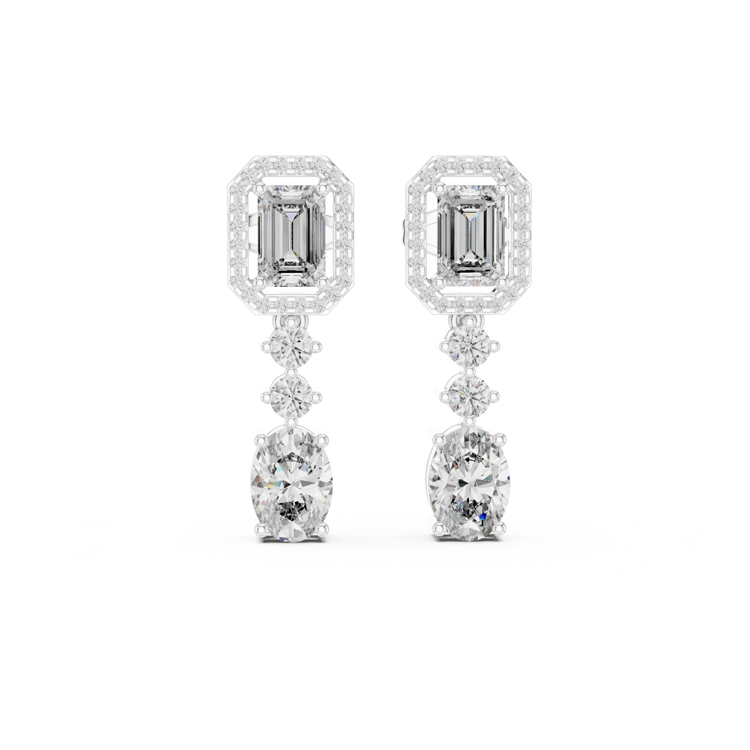 Emerald Halo & Oval Diamond Drop Earrings