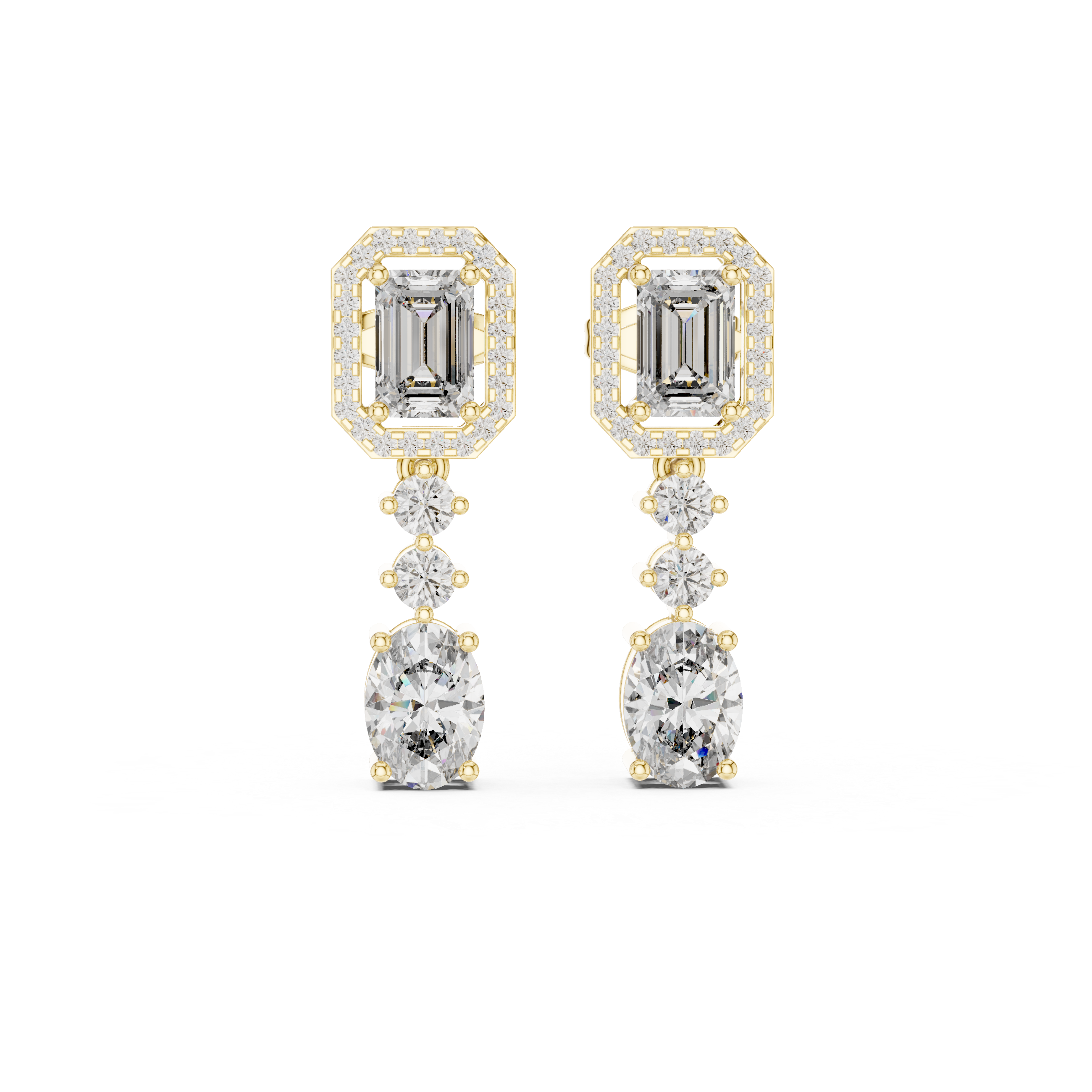 Emerald Halo & Oval Diamond Drop Earrings