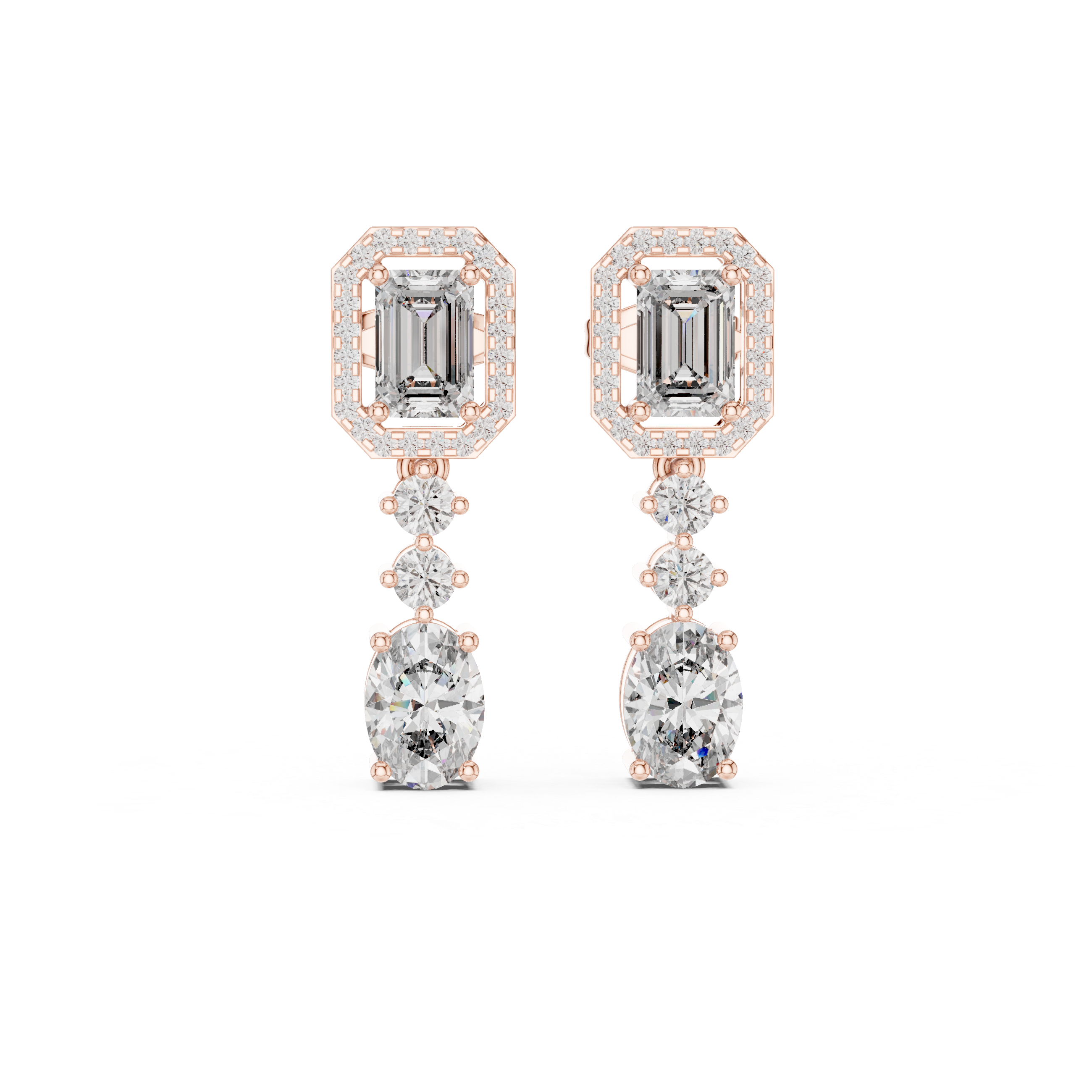 Emerald Halo & Oval Diamond Drop Earrings