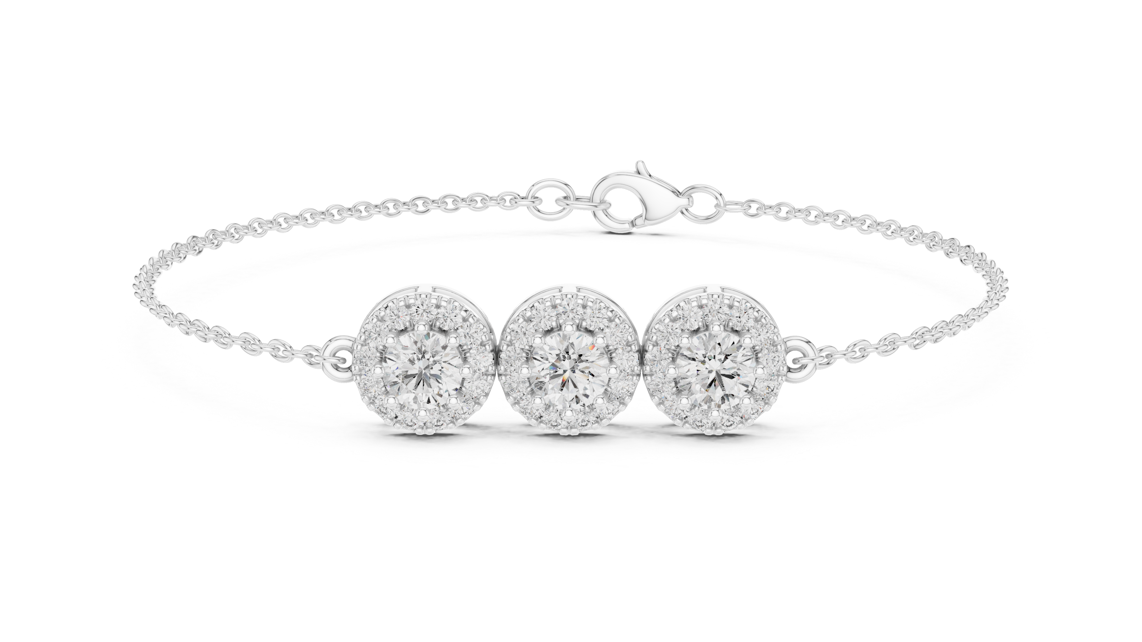 Three stone round diamond halo chain bracelet in rose gold