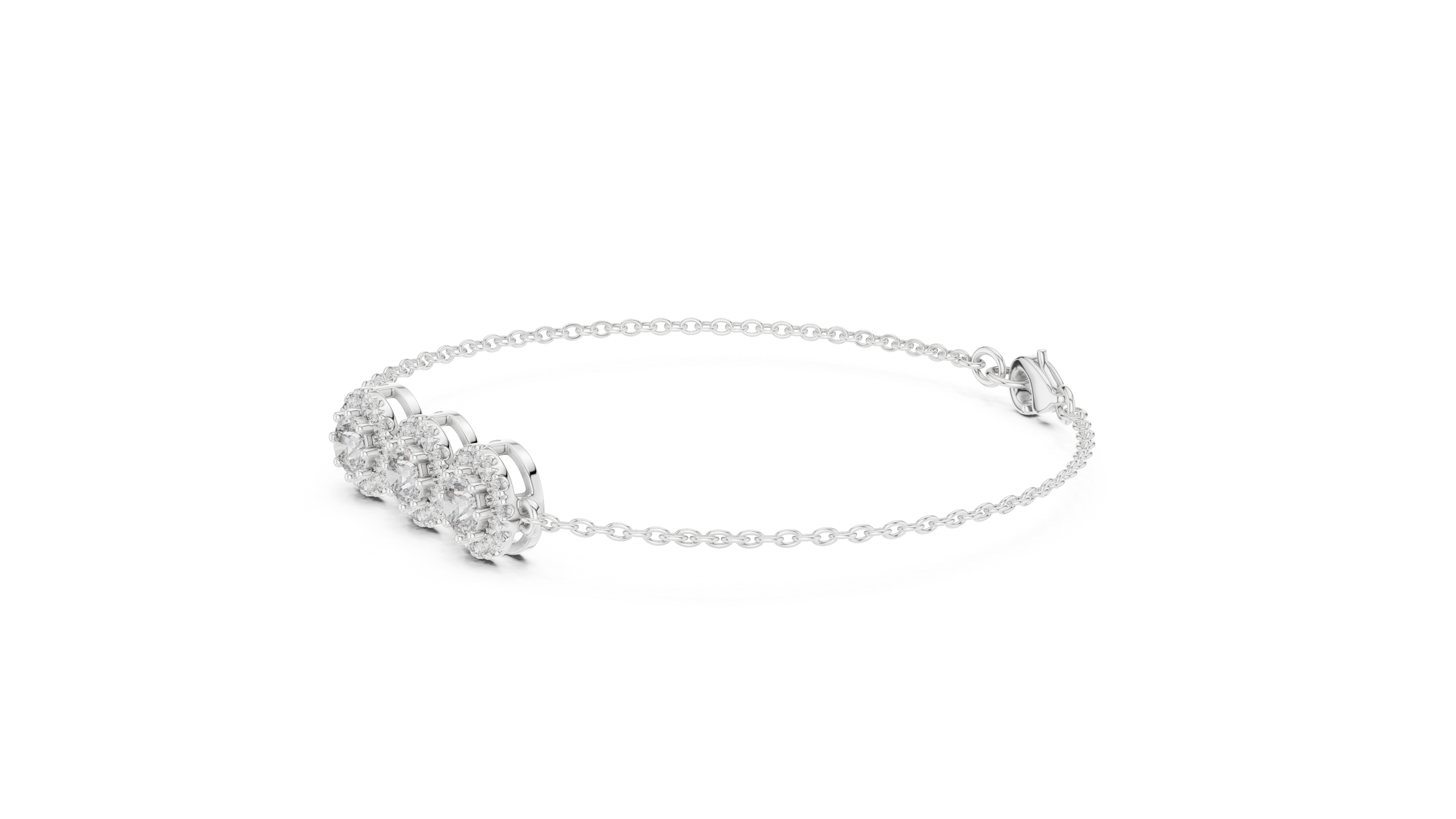 Three stone round diamond halo chain bracelet in rose gold