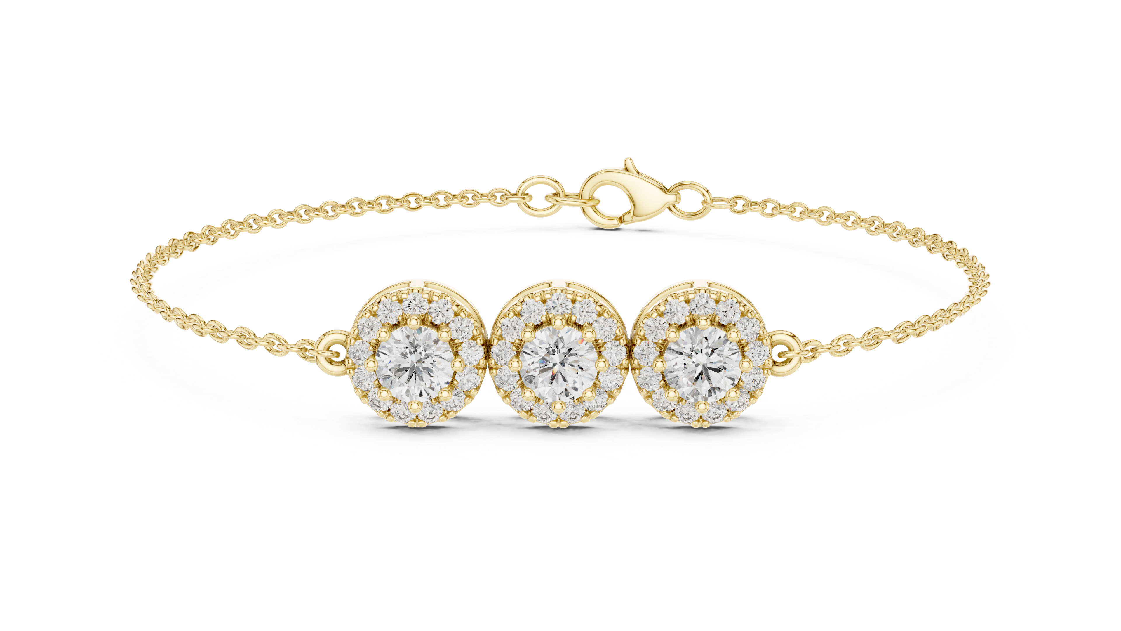 Three stone round diamond halo chain bracelet in rose gold