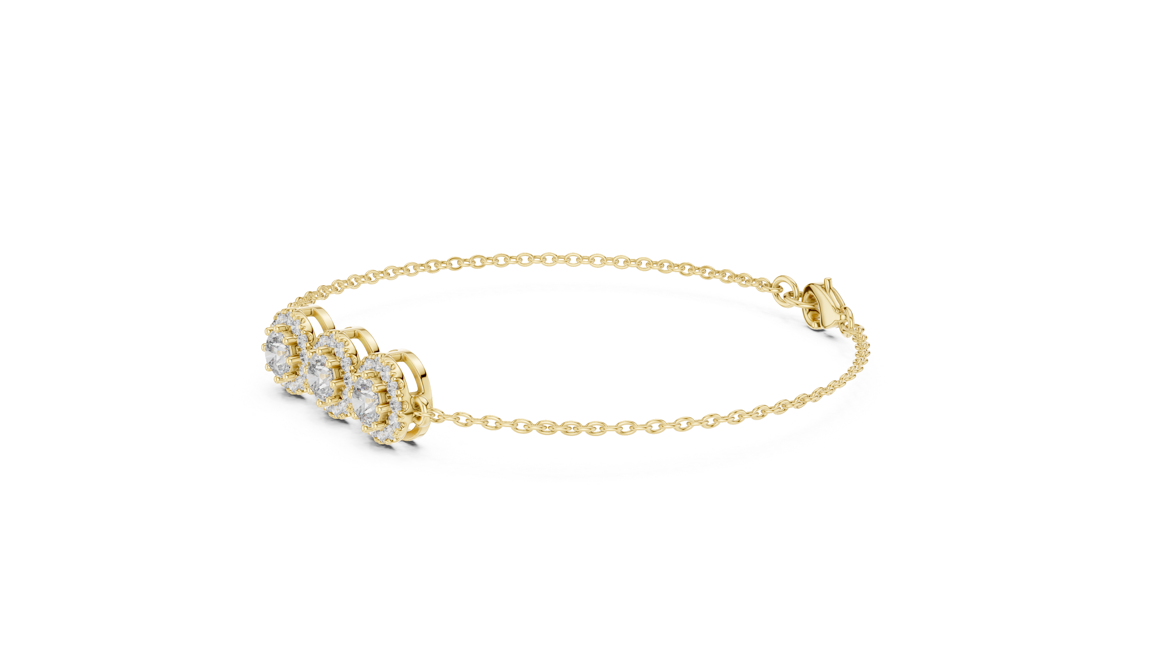 Three stone round diamond halo chain bracelet in rose gold