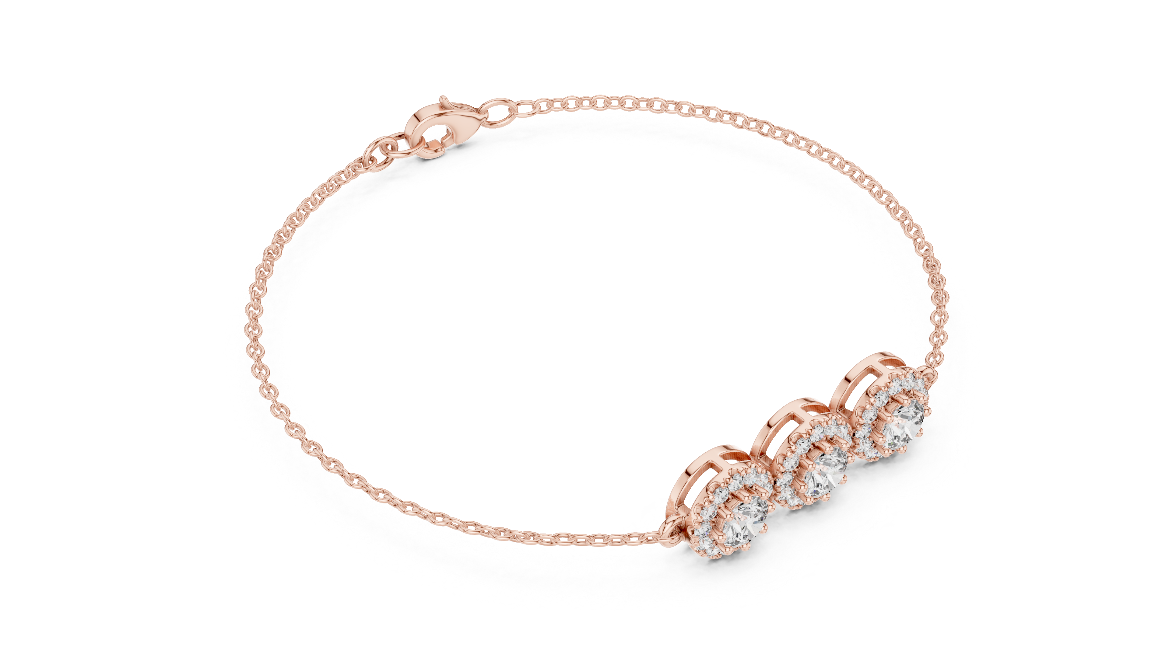 Three stone round diamond halo chain bracelet in rose gold
