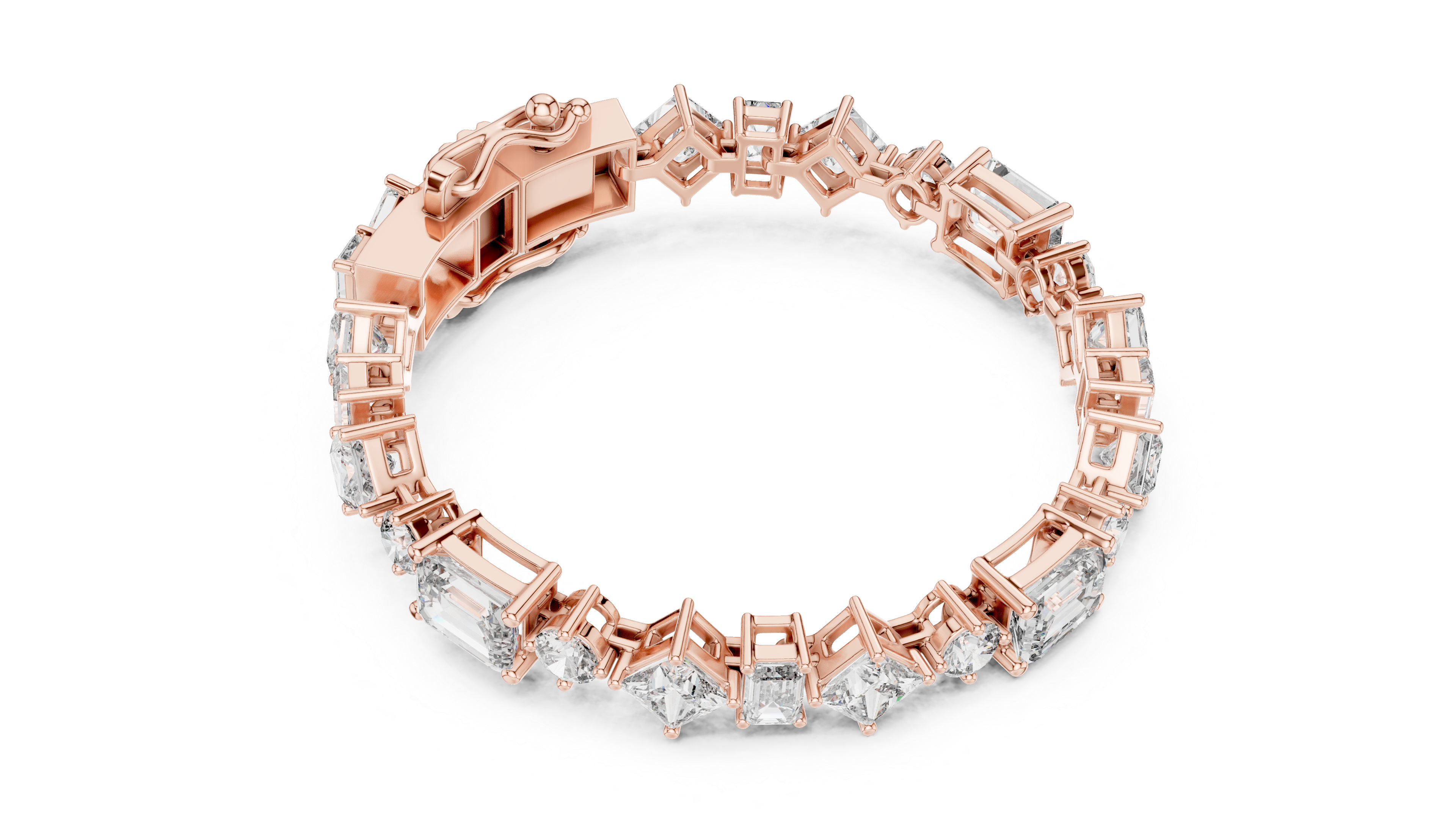 Aurelia mixed-cut diamond bracelet in rose gold featuring emerald, princess and round-cut diamonds