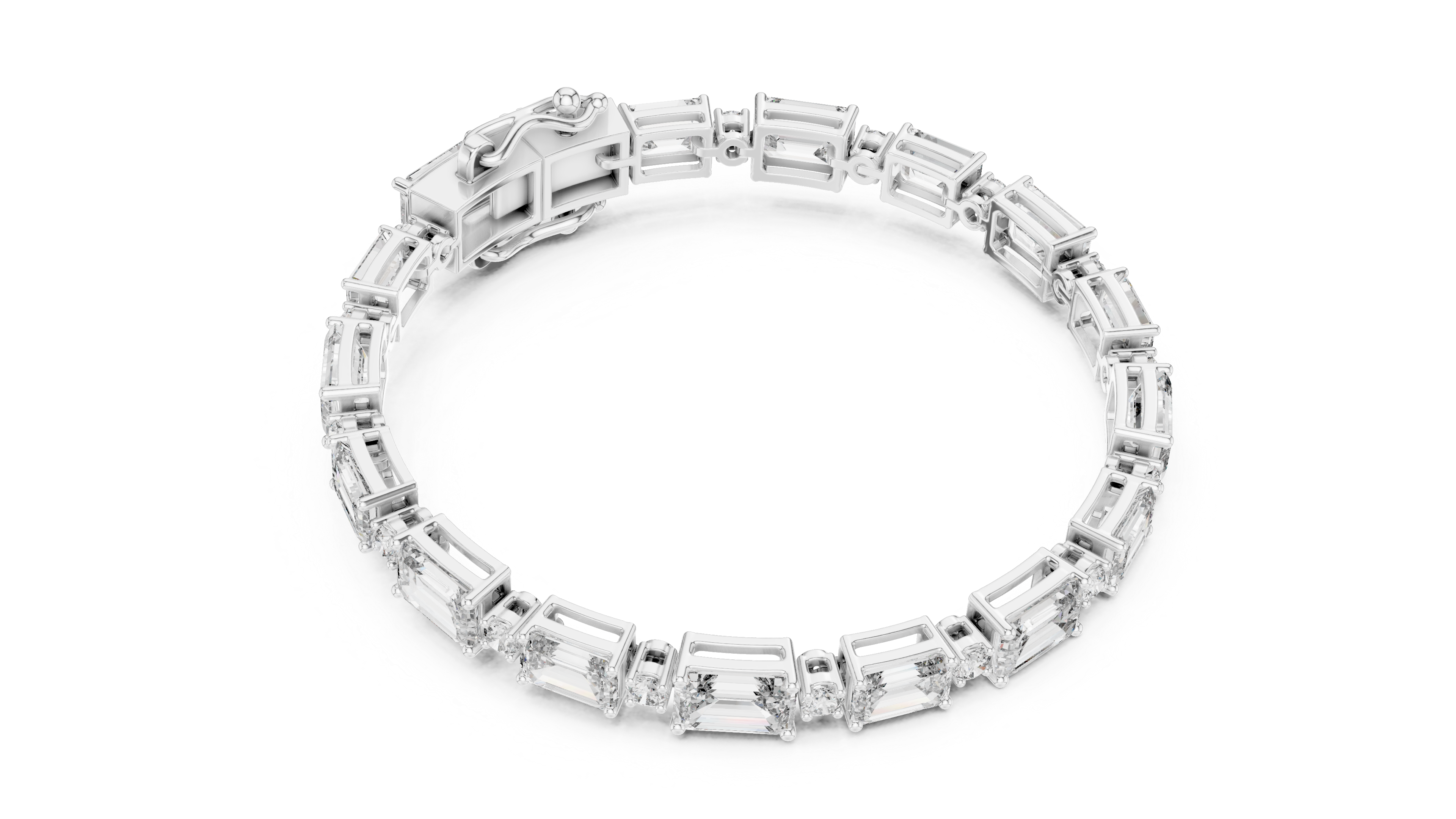 Graduated emerald-cut and round diamond tennis bracelet in rose gold