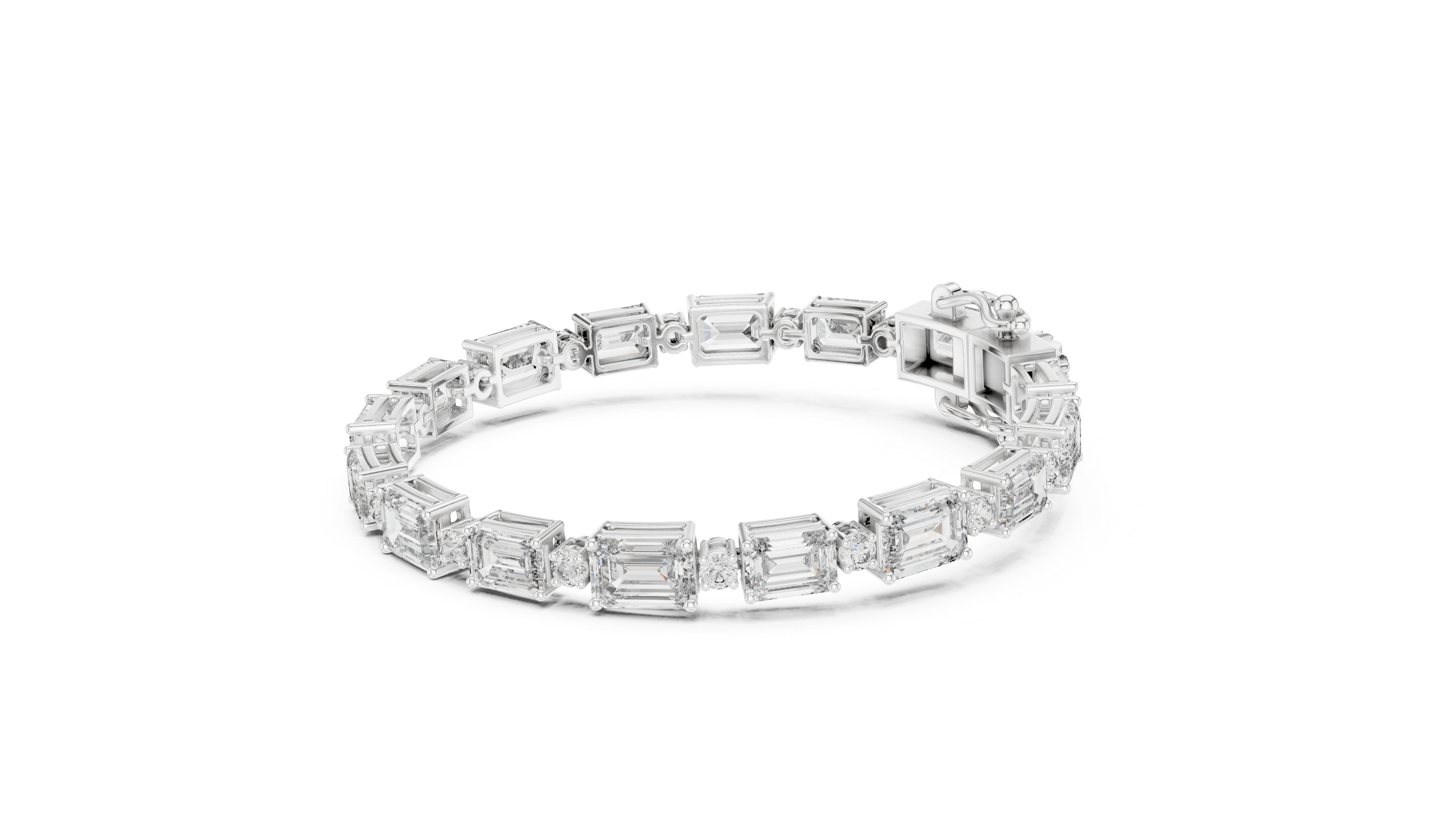 Graduated emerald-cut and round diamond tennis bracelet in rose gold