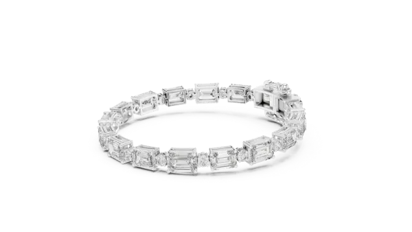 Graduated emerald-cut and round diamond tennis bracelet in rose gold