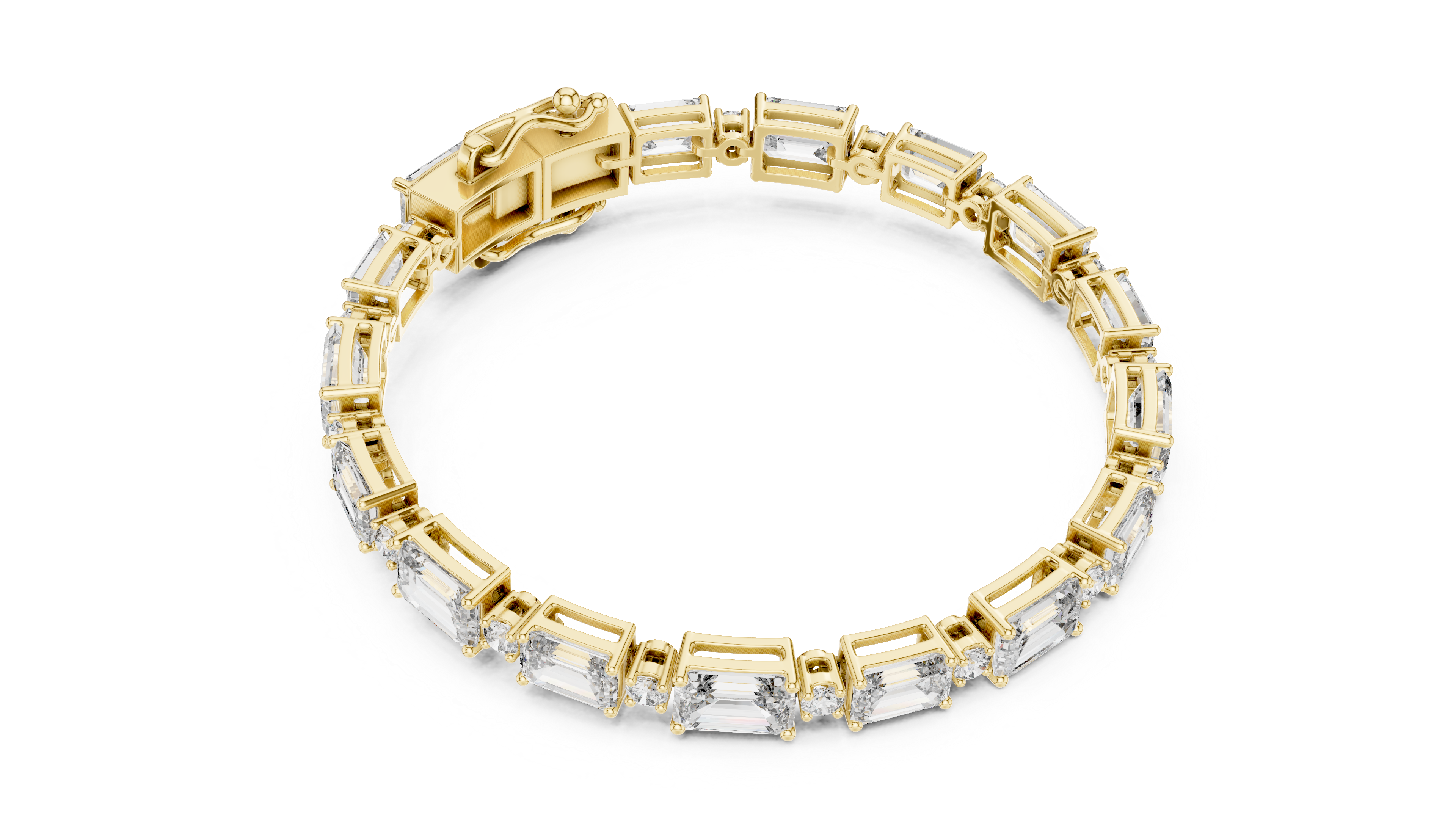 Graduated emerald-cut and round diamond tennis bracelet in rose gold
