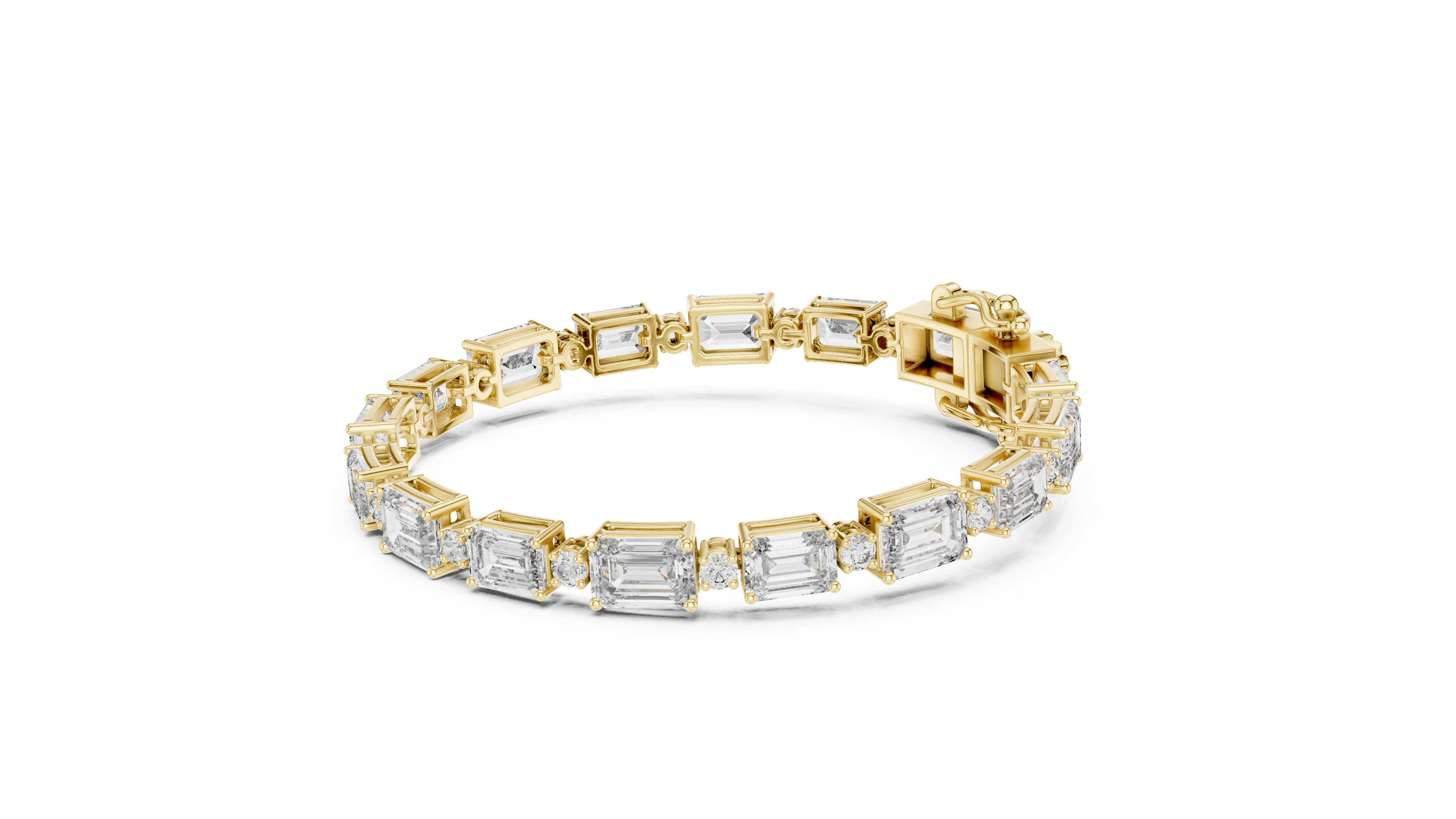 Graduated emerald-cut and round diamond tennis bracelet in rose gold