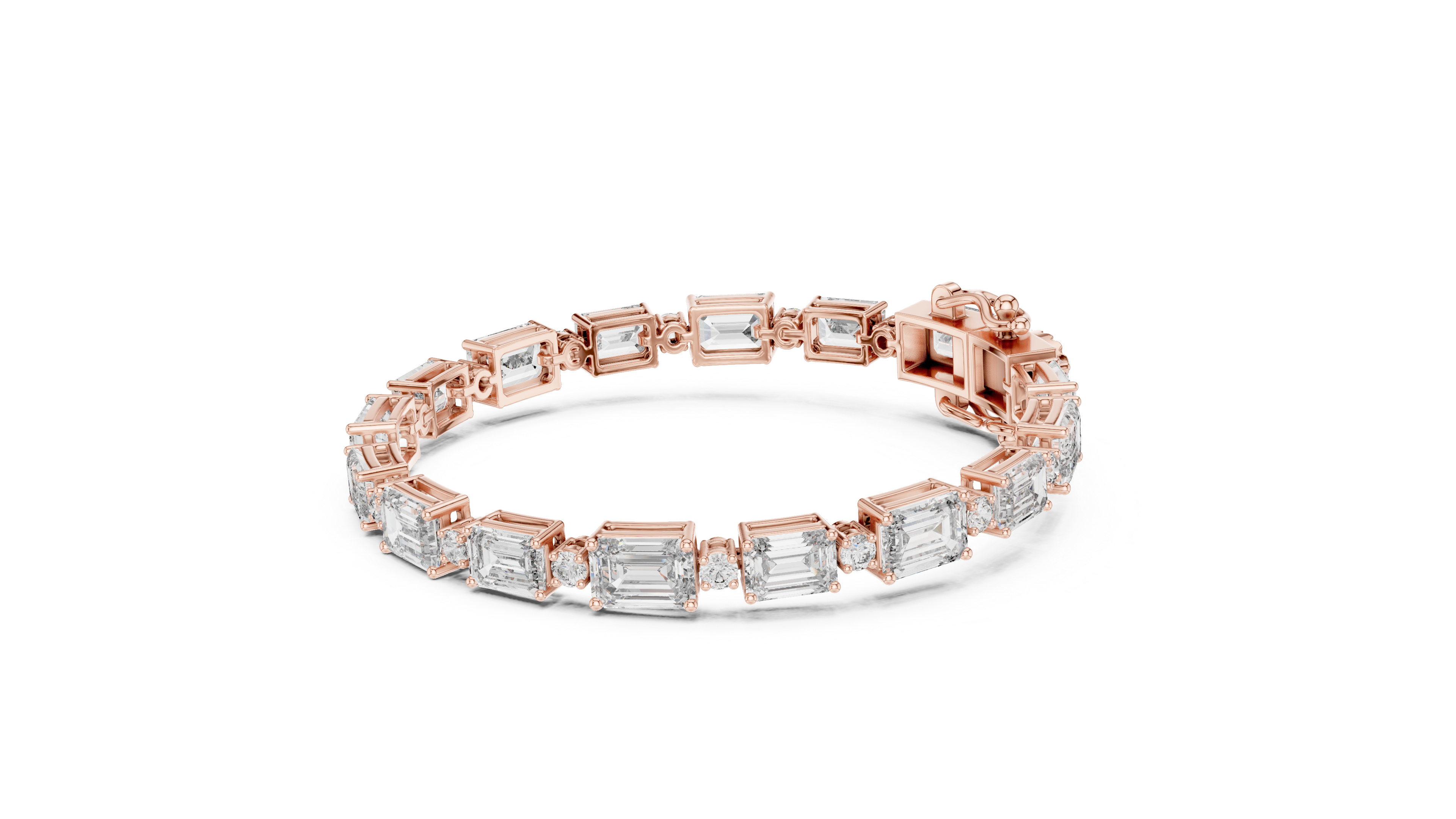 Graduated emerald-cut and round diamond tennis bracelet in rose gold
